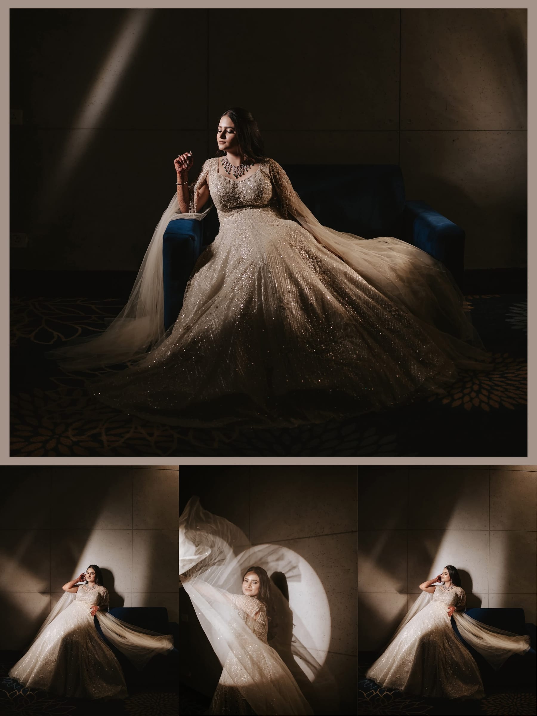 Four frames of a bride in a sparkling champagne gown under a spotlight