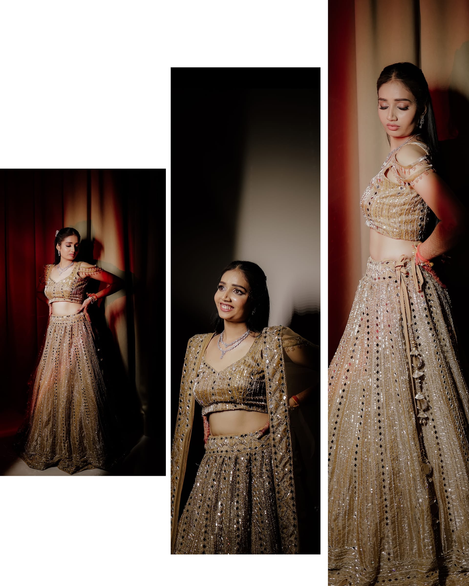Three frames of a gold mirror-work lehenga in dramatic studio light