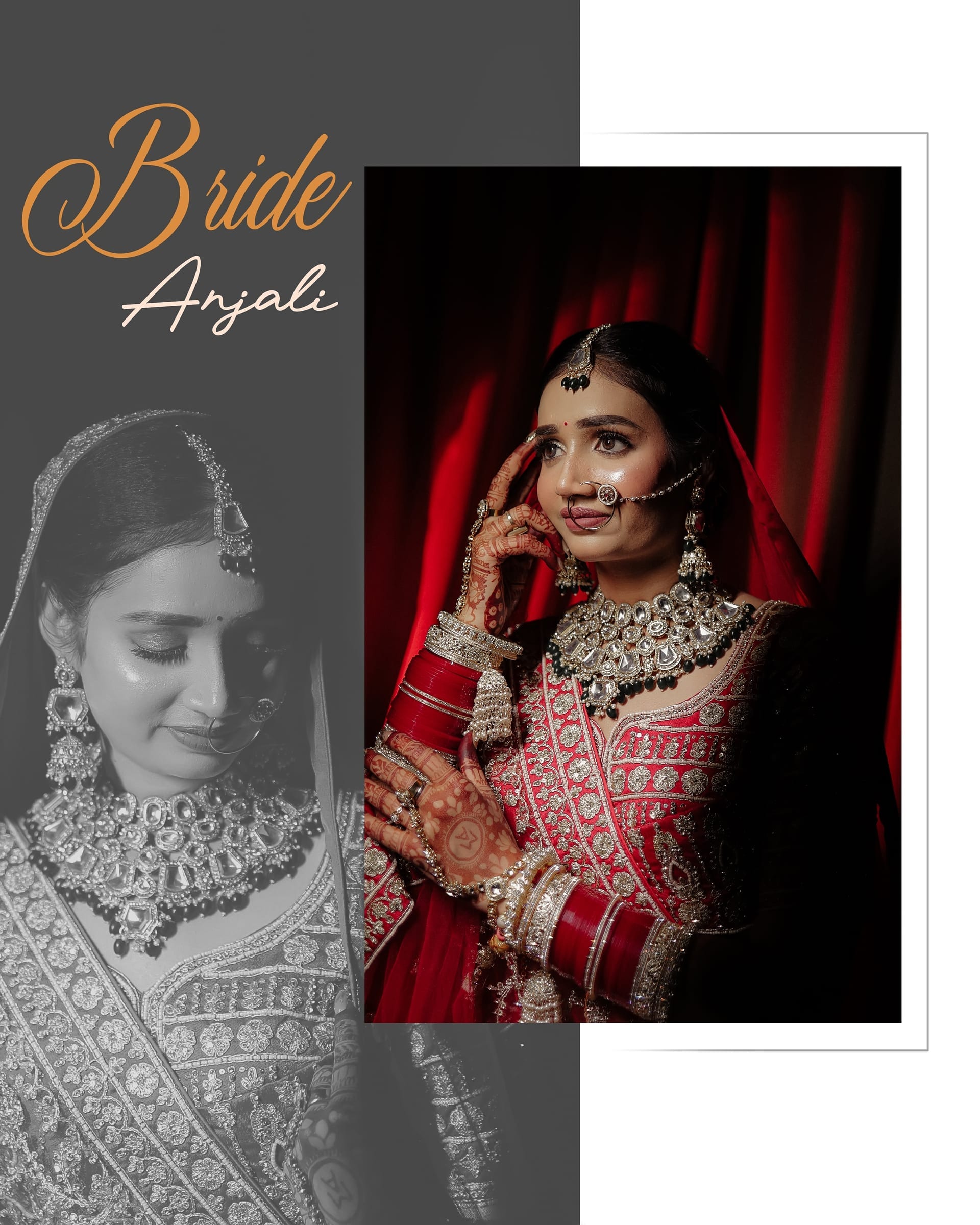 Album spread — bride Anjali against red drapes