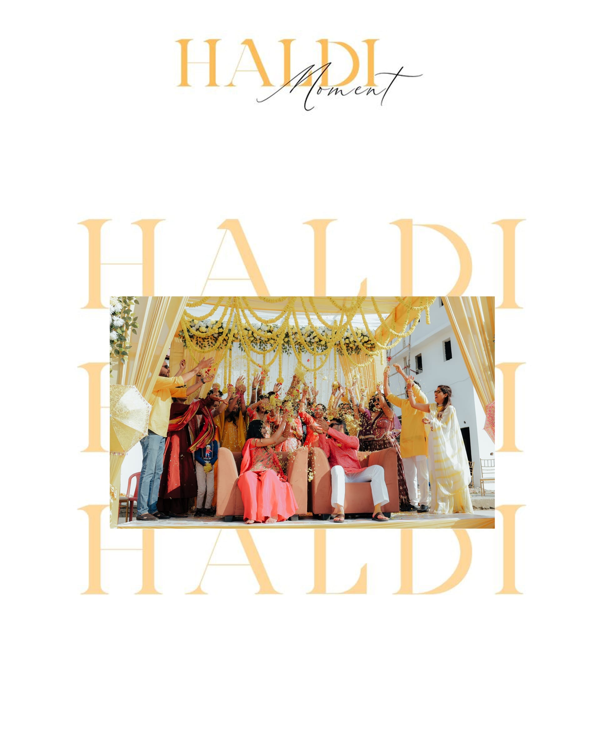 Album spread — the haldi, marigold petals over the couple