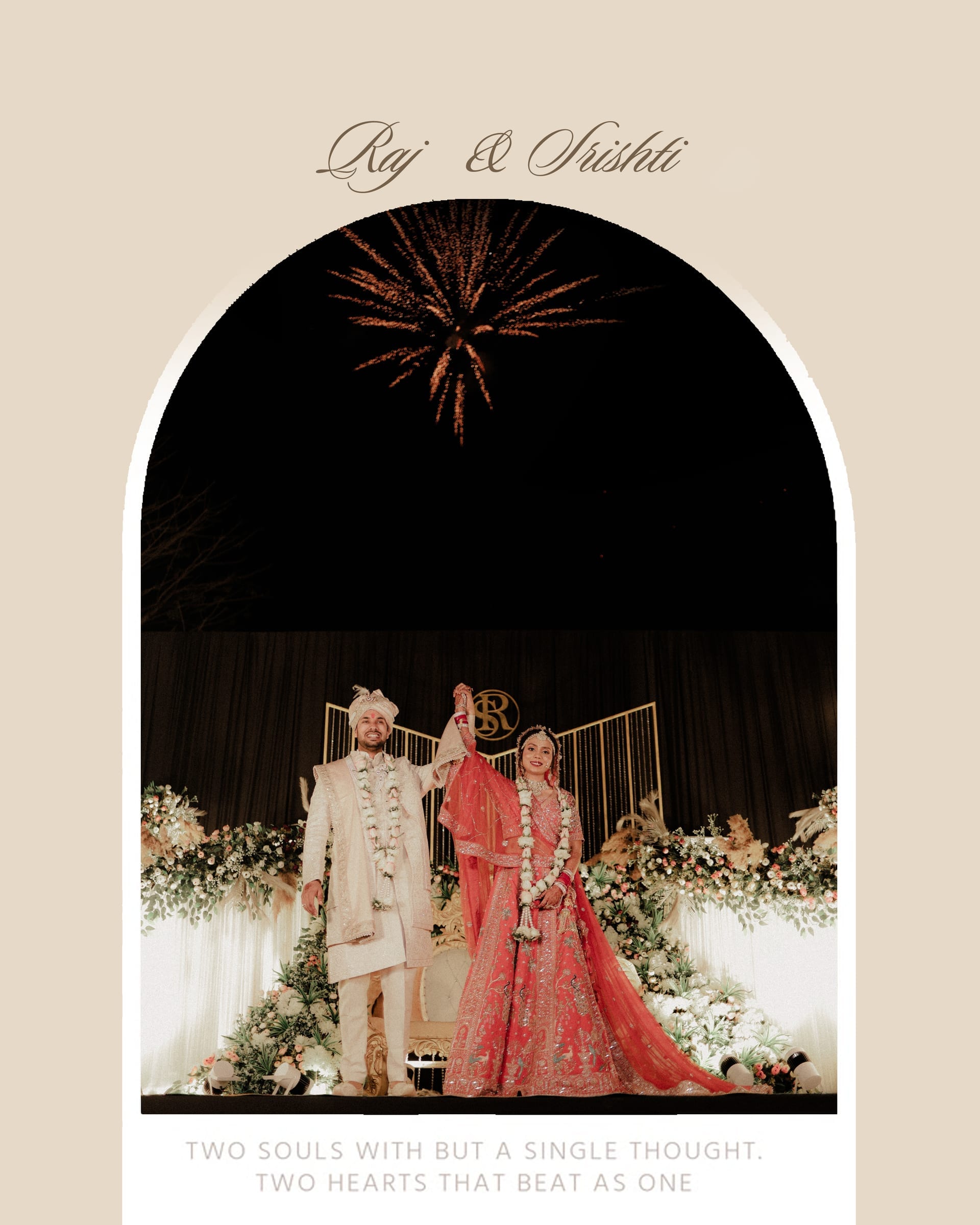 Album spread — the varmala under fireworks