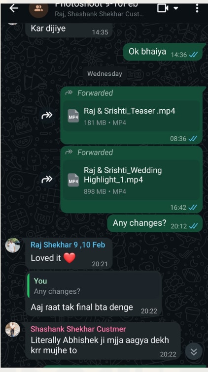 A WhatsApp chat where Raj reacts to his teaser and wedding film with 'Loved it'
